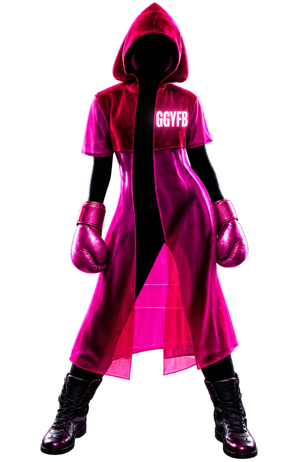 Girl Get Your Fight Back: woman in a pink hooded robe and boxing gloves