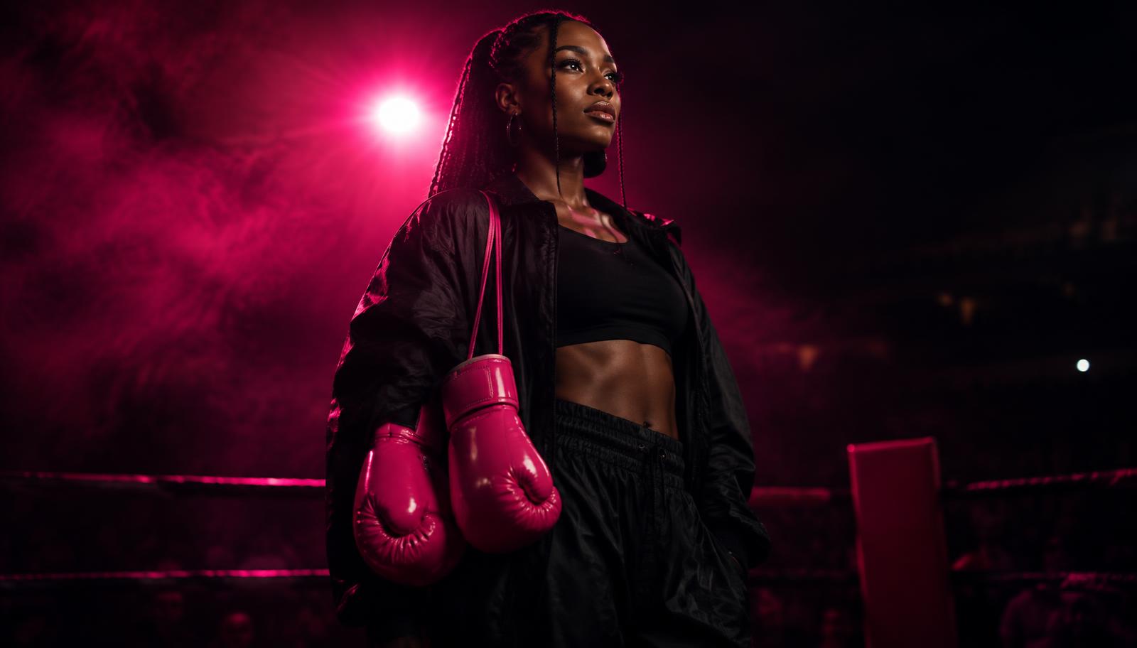 A confident woman with pink boxing gloves in a dark arena