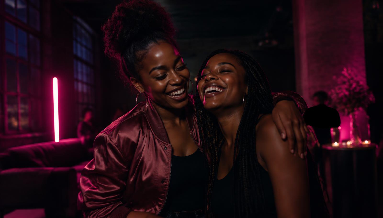 Two women laughing together in a warmly lit room